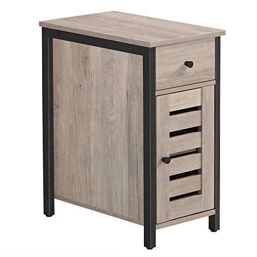 VASAGLE Mesa Auxiliar con Cajón, Mesa de Extremo Estrecho de 30 cm para Espacios Pequeños, Puerta con Persiana, Marco de Metal, Estilo Industrial, Greige y Negro LET066B02