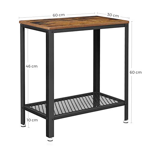 VASAGLE Mesa Auxiliar de Estilo Industrial, Mesa de Centro pequeña con Estante de Malla, Mesita de Noche, para salón, Dormitorio, 60 x 30 x 60 cm, Acero, Marrón Rústico y Negro LET31BX