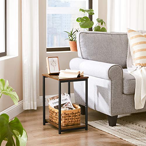 VASAGLE Mesa Auxiliar, Mesita de Noche, con Estante de Almacenamiento, Marco de Acero, para Sala de Estar, Dormitorio, Estilo Industrial, Marrón Rústico y Negro LET271B01