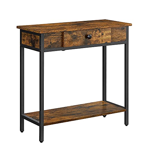 VASAGLE Mesa de Consola, Mesa de Entrada con 2 estantes, con cajón y Estante de aglomerado, 70 x 30 x 70 cm, Marco de Acero, Estilo Industrial, Marrón Rústico y Negro LNT070B01