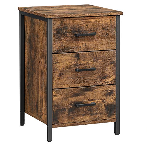VASAGLE Mesita de Noche con 3 cajones, Mesa Auxiliar, para Dormitorio, salón, 40 x 40 x 60 cm, Estilo Industrial, Marrón Rústico y Negro LET509B01