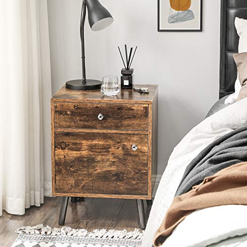 VASAGLE Mesita de Noche, Mesa Auxiliar con 1 Cajón y 1 Armario de Almacenamiento, con Patas de Madera de Pino, para Dormitorio, Salón, Oficina, Marrón Rústico LET073B01