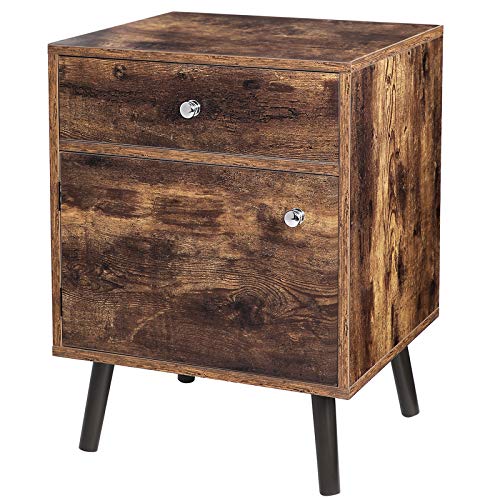 VASAGLE Mesita de Noche, Mesa Auxiliar con 1 Cajón y 1 Armario de Almacenamiento, con Patas de Madera de Pino, para Dormitorio, Salón, Oficina, Marrón Rústico LET073B01