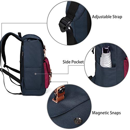 VASCHY Mochila Hombre,Mochila Portatil Mujer 15.6 Pulgadas Mochilas Escolares Juveniles Vintage para Universidad Resistente al Agua Vino Azul