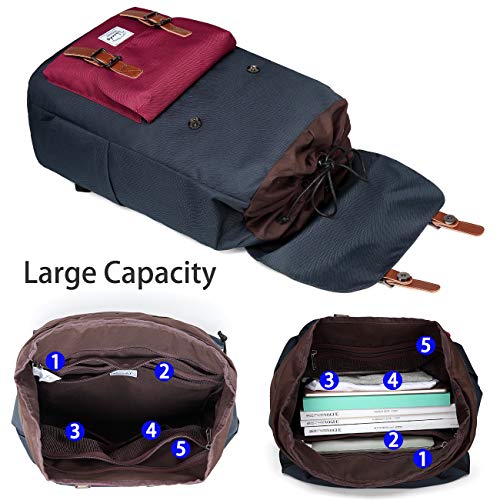 VASCHY Mochila Hombre,Mochila Portatil Mujer 15.6 Pulgadas Mochilas Escolares Juveniles Vintage para Universidad Resistente al Agua Vino Azul