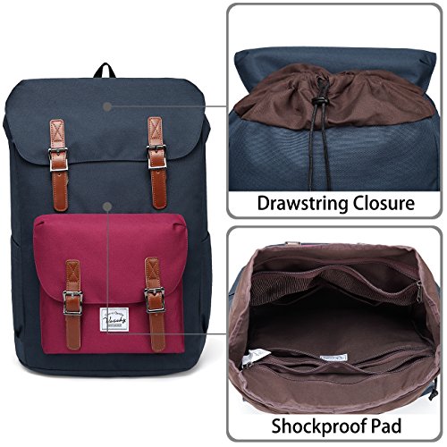 VASCHY Mochila Hombre,Mochila Portatil Mujer 15.6 Pulgadas Mochilas Escolares Juveniles Vintage para Universidad Resistente al Agua Vino Azul