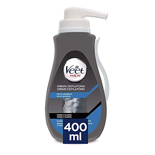 Veet Men Crema Depilatoria Masculina para Pecho Espalda Brazos y Piernas, Pieles Sensibles, 400ml con Dosificador