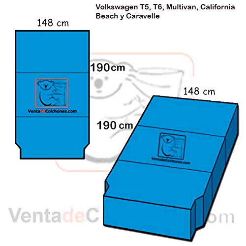 Ventadecolchones - Colchón Plegable con Viscoelástica para Furgoneta Volkswagen T5, T6, Multivan, California Beach y Caravelle de 190x148x8 cm en Loneta Premium Gris