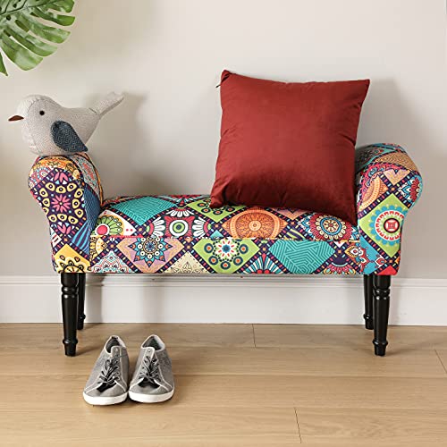 Versa Magreet Taburete pie de Cama para el Dormitorio, Banco para el Hall o la Entrada, con Apoyabrazos, Medidas (Al x L x An) 53 x 32 x 100 cm, Algodón y Madera, Color Rojo, Amarillo, Verde y Azul