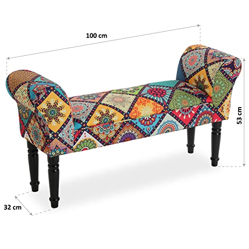 Versa Magreet Taburete pie de Cama para el Dormitorio, Banco para el Hall o la Entrada, con Apoyabrazos, Medidas (Al x L x An) 53 x 32 x 100 cm, Algodón y Madera, Color Rojo, Amarillo, Verde y Azul
