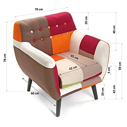 Versa Red Patchwork Butaca para Salón, Dormitorio o Comedor, Sillón confortable y diferente, con Apoyabrazos, Medidas (Al x L x An) 76 x 63 x 68 cm, Algodón y Madera, Color Rojo