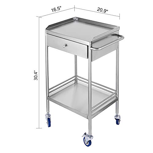VEVOR Carrito de Médico con 2 Capas y 1 Cajón de 53,1 x 41,9 x 77,2 cm, Carrito de Laboratorio Acero Inoxidable de Plata, Carrito de Metal con 4 Ruedas Omnidireccional para Cafeterías y Hoteles