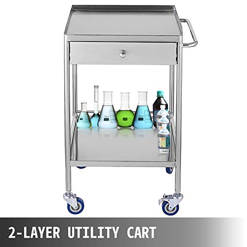VEVOR Carrito de Médico con 2 Capas y 1 Cajón de 53,1 x 41,9 x 77,2 cm, Carrito de Laboratorio Acero Inoxidable de Plata, Carrito de Metal con 4 Ruedas Omnidireccional para Cafeterías y Hoteles