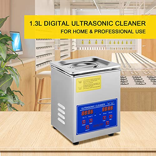 VEVOR Limpiador Ultrasónico 1.3L, 60W Limpiador Ultrasónico Profesional de Acero Inoxidable, Máquina de Limpieza Ultrasónica Potente Frecuencia de 40 kHz con Pantalla LED para Joyas, Reloj, Gafas