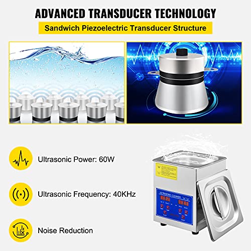 VEVOR Limpiador Ultrasónico 1.3L, 60W Limpiador Ultrasónico Profesional de Acero Inoxidable, Máquina de Limpieza Ultrasónica Potente Frecuencia de 40 kHz con Pantalla LED para Joyas, Reloj, Gafas