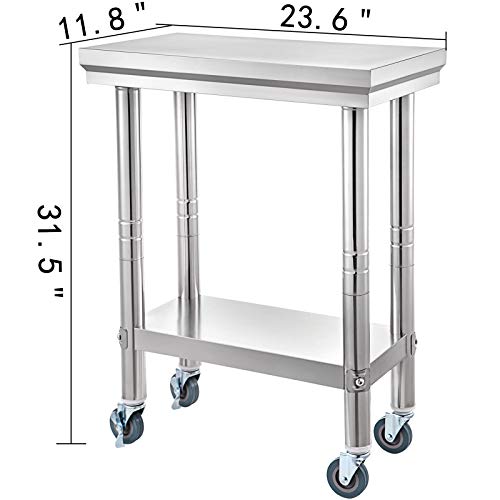 VEVOR Mesa de Preparación de Comida de Acero Inoxidable 30 x 60 x 80 cm Tabla de Cocina Profesional Capacidad de Carga 750 kg Tabla de Trabajo de Cocina de Catering con Ruedas para Restaurante Escuela