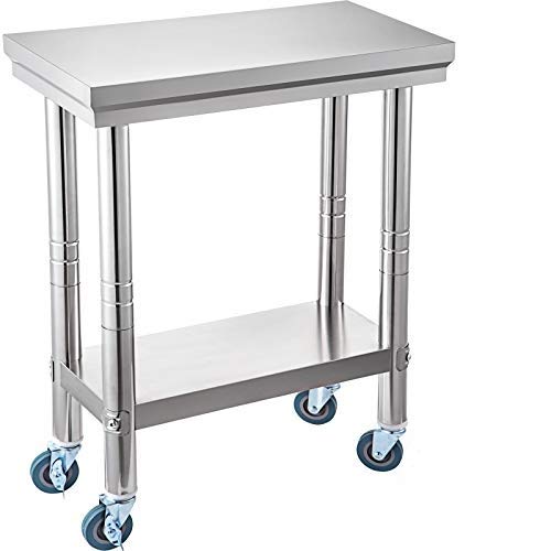 VEVOR Mesa de Preparación de Comida de Acero Inoxidable 30 x 60 x 80 cm Tabla de Cocina Profesional Capacidad de Carga 750 kg Tabla de Trabajo de Cocina de Catering con Ruedas para Restaurante Escuela