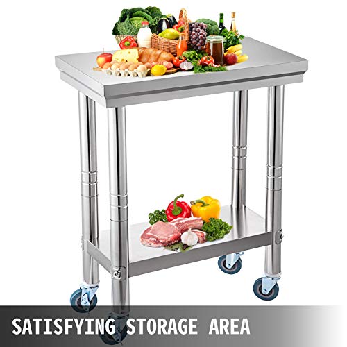VEVOR Mesa de Preparación de Comida de Acero Inoxidable 30 x 60 x 80 cm Tabla de Cocina Profesional Capacidad de Carga 750 kg Tabla de Trabajo de Cocina de Catering con Ruedas para Restaurante Escuela