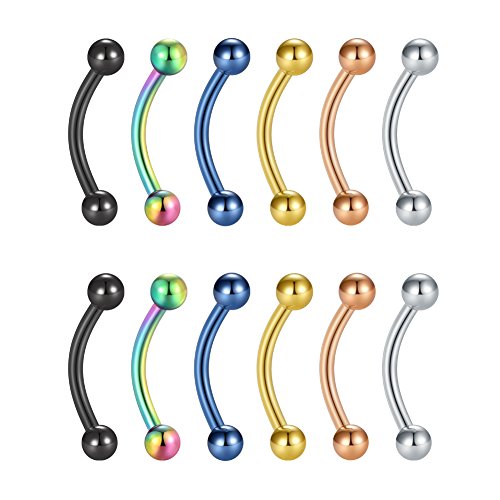 VF VFUN 16G Piercings Curvados Bola Acero Inoxidable 316L Piercing Labio Ceja Ombligo Anillo Piercing Oreja Helix Cartilago Tragus 12 Piezas
