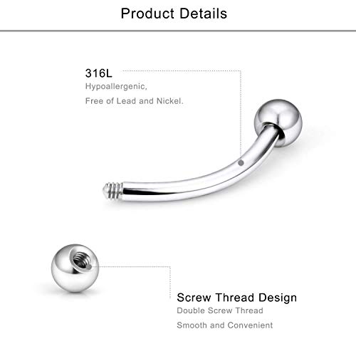 VFUN 16G Piercing Ceja Anillo Curvados Barbell Piercing Oreja Rook Helix Tragus Piercing Labio Ombligo Anillo Acero Inoxidable con Reemplazo Spike 10mm