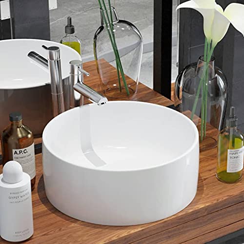 vidaXL Lavabo Moderno Redondo de Cerámica Blanco Lavamanos Aseo Cuarto de Baño