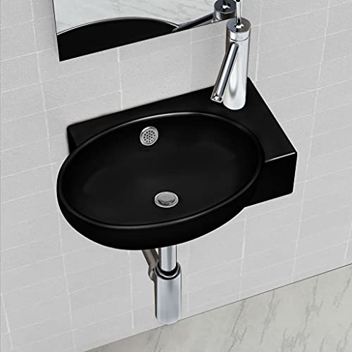 vidaXL Lavabo Redondo con Agujero de Grifo Desagüe Cerámica Negro Lavamanos