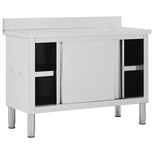 vidaXL Mesa Trabajo Puertas Correderas Acero Inoxidable Mobiliario Duradera Robusta Resistente Práctica Funcional Elegante Moderna 120x50x(95-97) cm