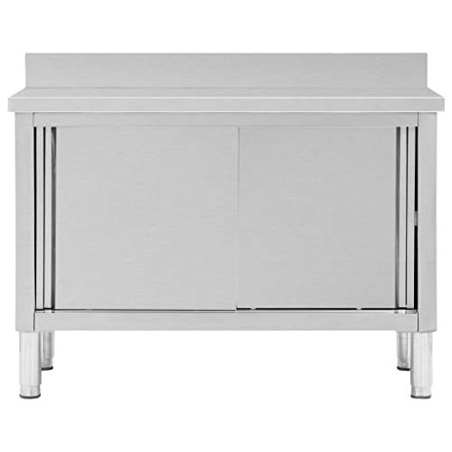 vidaXL Mesa Trabajo Puertas Correderas Acero Inoxidable Mobiliario Duradera Robusta Resistente Práctica Funcional Elegante Moderna 120x50x(95-97) cm