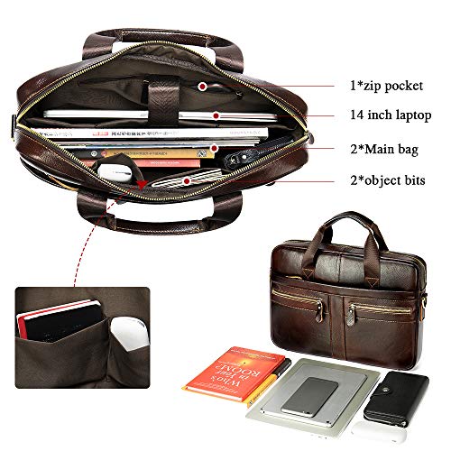 VINBAGGE Maletín de Cuero Genuino,Bolso Hombre Bandolera para Portátil 14 Pulgadas,Portadocumentos Maletines Bolso Mensajero Negocios,Marrón