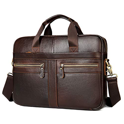 VINBAGGE Maletín de Cuero Genuino,Bolso Hombre Bandolera para Portátil 14 Pulgadas,Portadocumentos Maletines Bolso Mensajero Negocios,Marrón