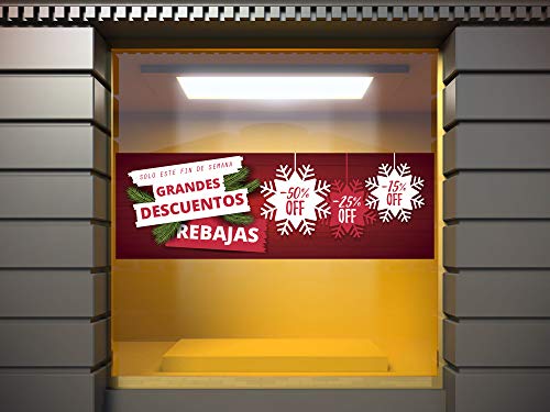 Vinilo Adhesivo Transparente en Efecto Espejo Feliz Navidad Grandes Descuentos, Rebajas | 100 x 33 cm | Vinilo Económico y Original | Vinilo fondeado de Blanco