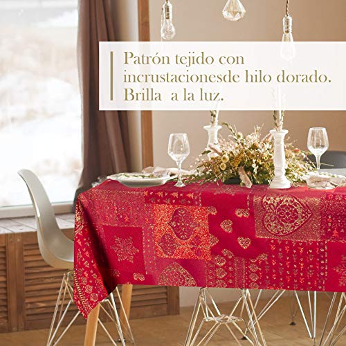 Viste tu hogar Mantel Navidad Hilo Dorado, 140x140 CM, Especial para Decoración Navideña, Diseño Corazones, Ideal para Navidad, Cenas Familiares, etc, Color Rojo, Fabricado en España