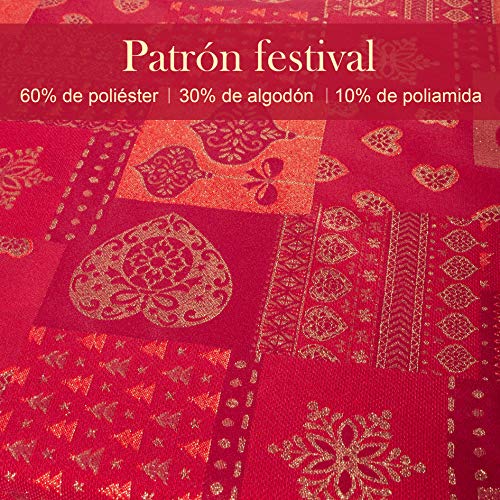 Viste tu hogar Mantel Navidad Hilo Dorado, 140x140 CM, Especial para Decoración Navideña, Diseño Corazones, Ideal para Navidad, Cenas Familiares, etc, Color Rojo, Fabricado en España