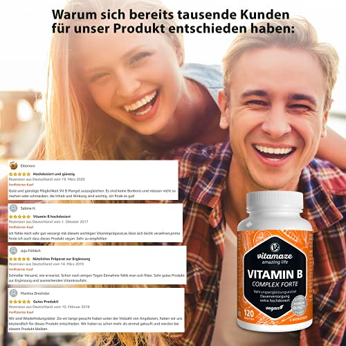 Vitamina B Complex, altamente concentrada, 120 comprimidos veganos, todas las vitaminas B sin estearato de magnesio, con calidad alemana premium