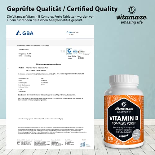 Vitamina B Complex, altamente concentrada, 120 comprimidos veganos, todas las vitaminas B sin estearato de magnesio, con calidad alemana premium