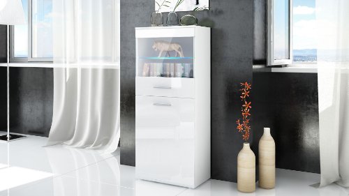 Vitrina Armario Alto Almada, Cuerpo en Blanco Mate/Frente en Blanco de Alto Brillo