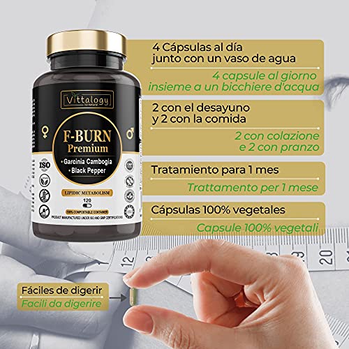 Vittalogy F-Burn Premium. Quemagrasas Potente Con Garcinia Cambogia, Té Verde Y Guaraná. Fat Burner Rápido Y Efectivo Para Adelgazar Con Efecto Termogénico. Sin Aditivos. Vegano. 120 Cápsulas