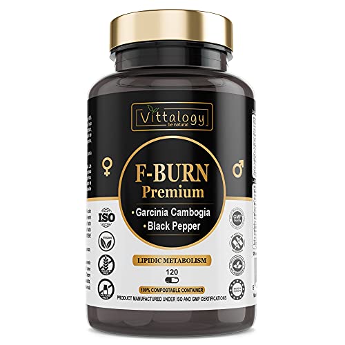Vittalogy F-Burn Premium. Quemagrasas Potente Con Garcinia Cambogia, Té Verde Y Guaraná. Fat Burner Rápido Y Efectivo Para Adelgazar Con Efecto Termogénico. Sin Aditivos. Vegano. 120 Cápsulas