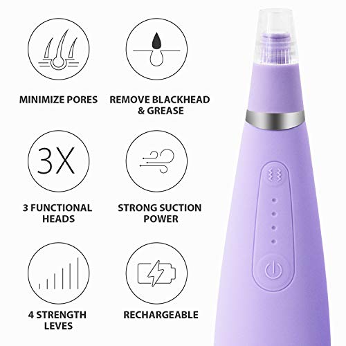 VKK Limpiador de poros, succion al vacio de puntos negros, 3 cabezales, extractor de espinillas, acne sebo y demás impurezas, Inalámbrico, Recargable (Púrpura )