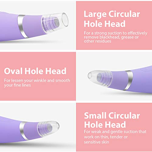 VKK Limpiador de poros, succion al vacio de puntos negros, 3 cabezales, extractor de espinillas, acne sebo y demás impurezas, Inalámbrico, Recargable (Púrpura )