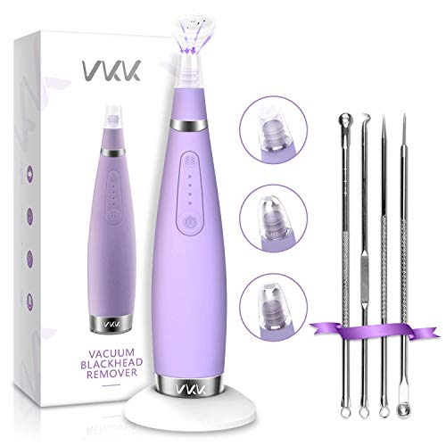 VKK Limpiador de poros, succion al vacio de puntos negros, 3 cabezales, extractor de espinillas, acne sebo y demás impurezas, Inalámbrico, Recargable (Púrpura )