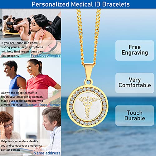 VNOX Farmacia de Las Mujeres de los Hombres Caduceo Médico Alerta ID Cubic Zirconia Round Pendant Necklace Oro,Grabado Gratis