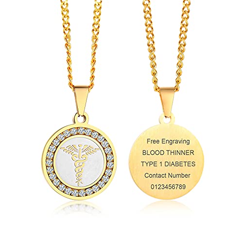 VNOX Farmacia de Las Mujeres de los Hombres Caduceo Médico Alerta ID Cubic Zirconia Round Pendant Necklace Oro,Grabado Gratis