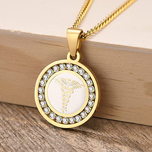 VNOX Farmacia de Las Mujeres de los Hombres Caduceo Médico Alerta ID Cubic Zirconia Round Pendant Necklace Oro,Grabado Gratis