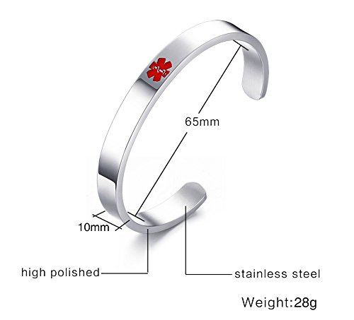 VNOX Grabado Libre de Acero Inoxidable de Alerta médica identificador Brazalete de Brazalete Abierto Brazalete,64.5 mm de diámetro