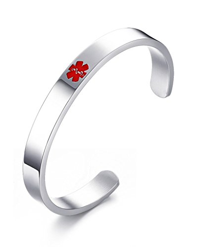 VNOX Grabado Libre de Acero Inoxidable de Alerta médica identificador Brazalete de Brazalete Abierto Brazalete,64.5 mm de diámetro