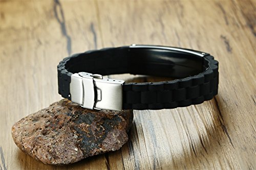 VNOX Personalizado Personalizar Grabado Acero Inoxidable Pulsera de Alerta Médica Pulsera Médica de Silicona Negra para Hombres Mujeres,18-22.5cm Ajustable.
