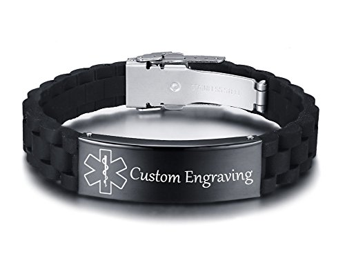 VNOX Personalizado Personalizar Grabado Acero Inoxidable Pulsera de Alerta Médica Pulsera Médica de Silicona Negra para Hombres Mujeres,18-22.5cm Ajustable.