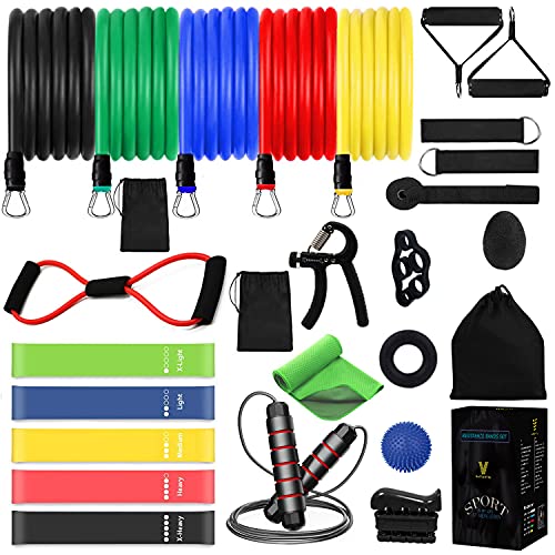 Vollshiny Juego de 27 bandas de resistencia de hasta 150 kg para entrenamiento de fuerza con muchas otras piezas para fitness, fuerza, delgada, yoga, para hombres y mujeres