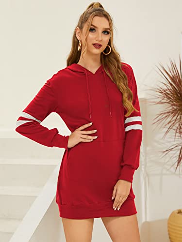 VONDA Sudaderas Mujer con Capucha Invierno Vestido Casual Manga Larga Color Sólido Camisetas de Deporte con Bolisillos A-Rojo XXL